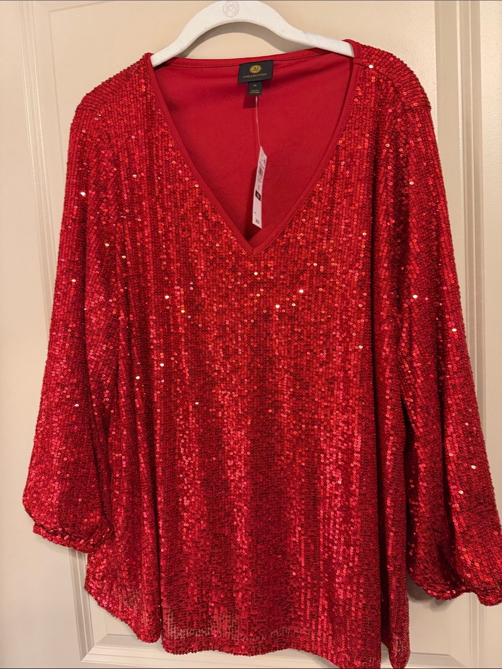 JM Collection Red Sequin V-Neck Top